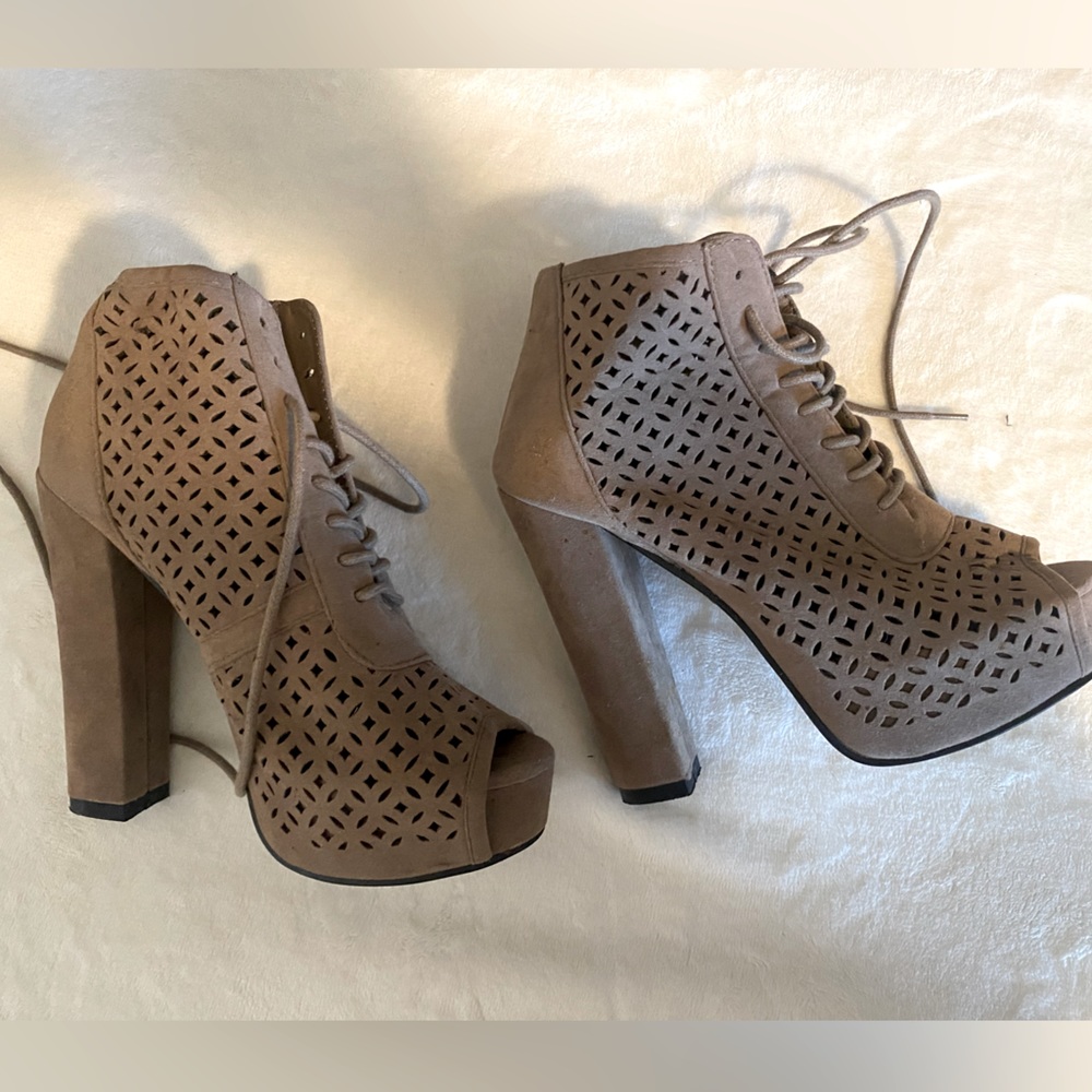 Beige High Heeled Peep Toe Boots